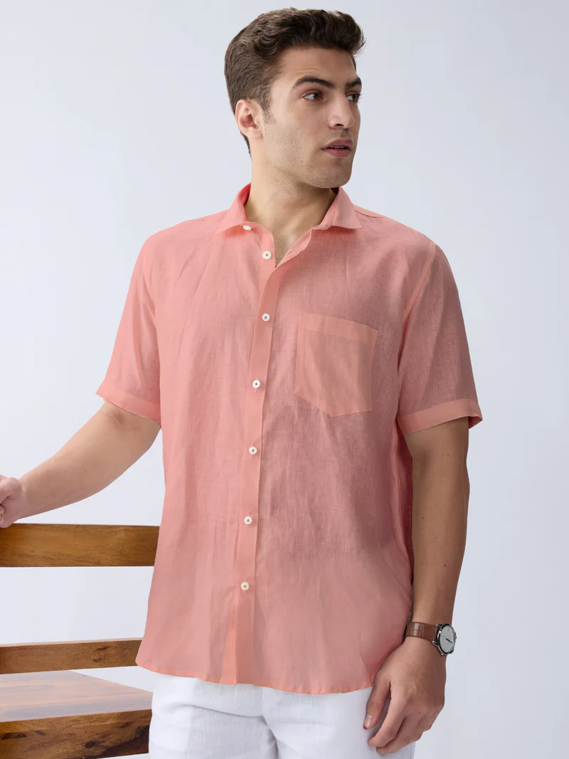 Coral Peach 100% Pure Linen Half Sleeve