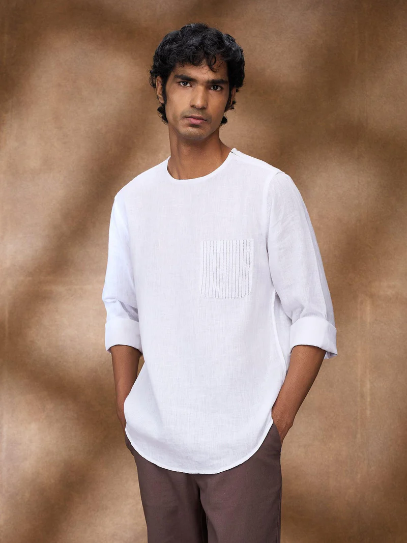White 100% Pure Linen Zippered Kurta
