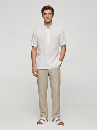 White Self Striped 100% Pure Linen Mandarin