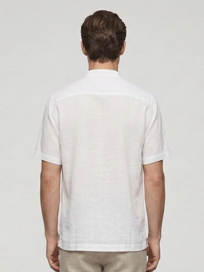 White Self Striped 100% Pure Linen Mandarin