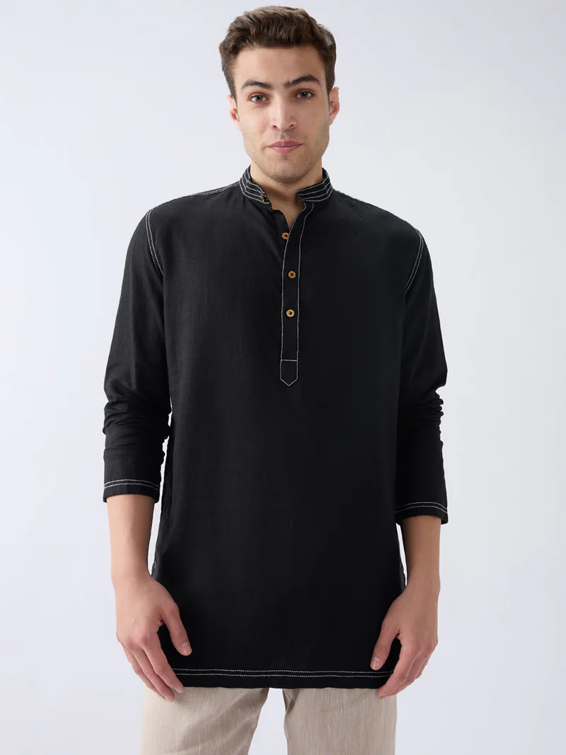 Mriga Black | 100% Pure Linen Mid-Length Kurta