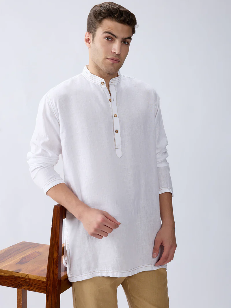 Mriga White | 100% Pure Linen Mid-Length Kurta