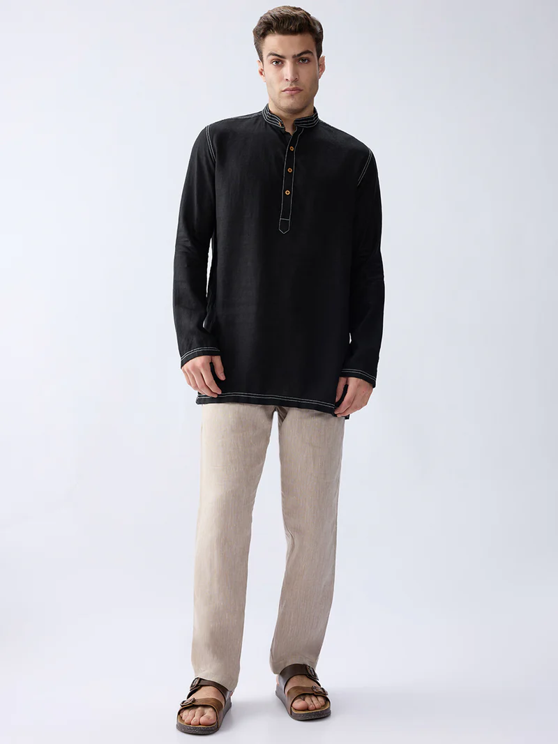 Mriga Black | 100% Pure Linen Mid-Length Kurta