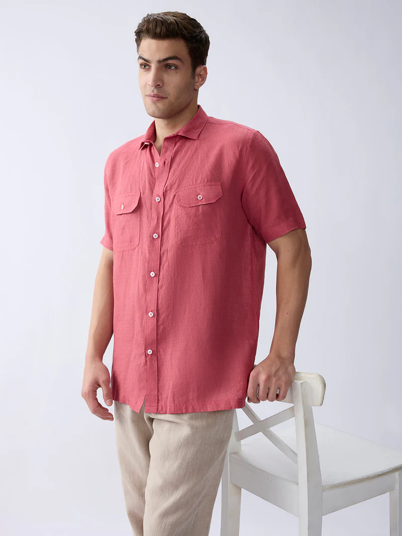 Terracotta Red 100% Pure Linen Half Sleeve Safari