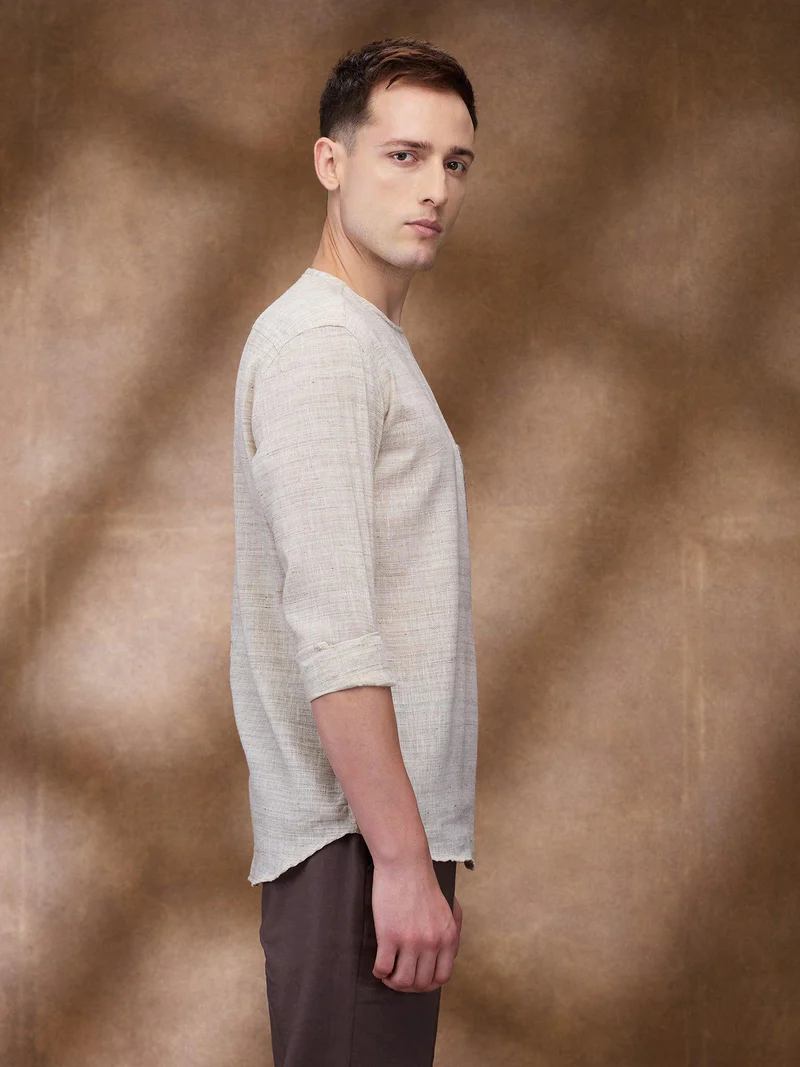 Beige 100% Pure Linen Zippered Kurta