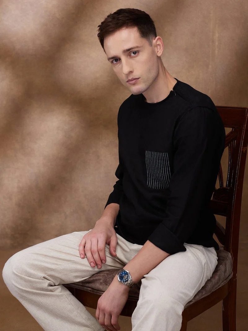 Black 100% Pure Linen Zippered Kurta
