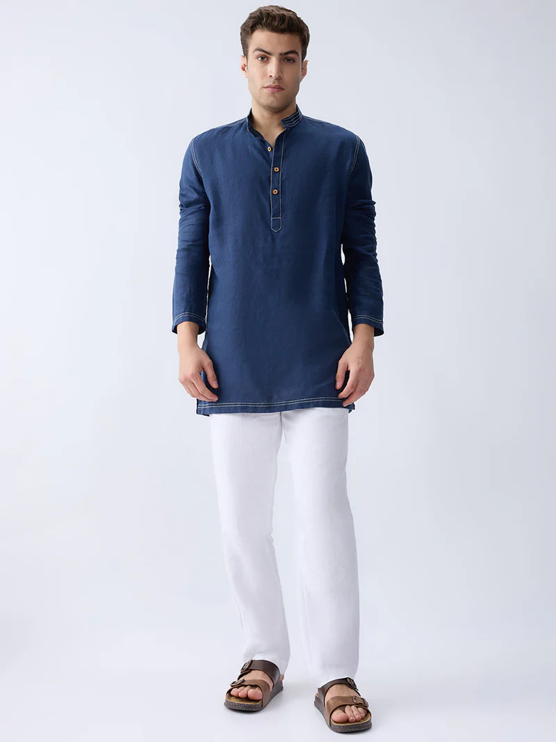 Mriga Navy | 100% Pure Linen Mid-Length Kurta
