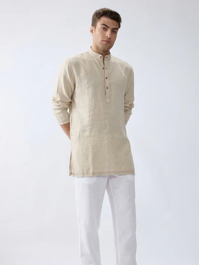 Mriga Beige | 100% Pure Linen Mid-Length Kurta