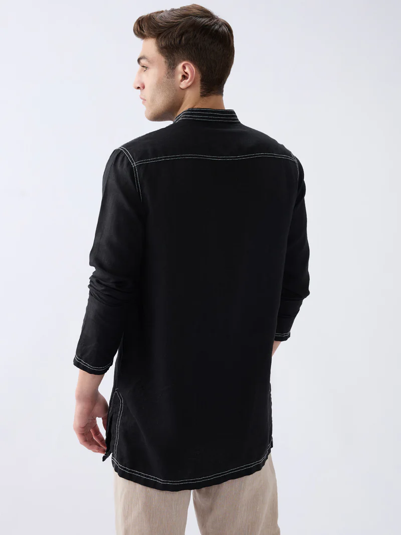 Mriga Black | 100% Pure Linen Mid-Length Kurta