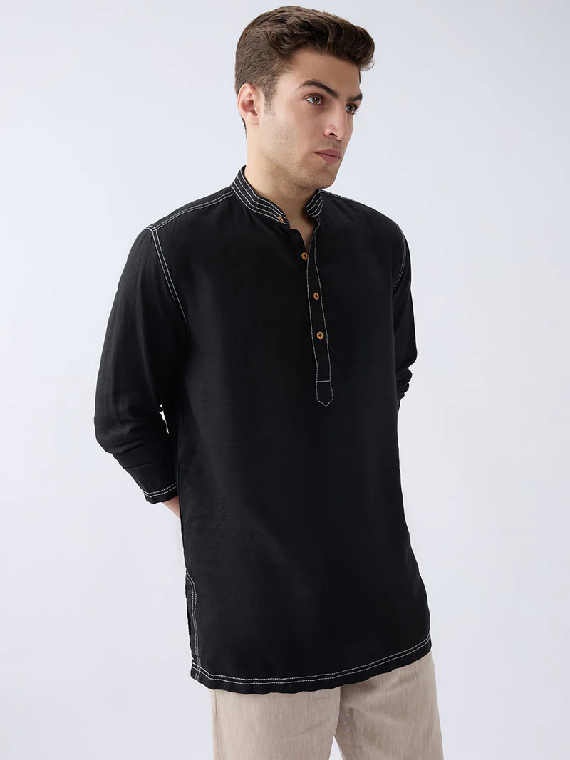 Mriga Black | 100% Pure Linen Mid-Length Kurta