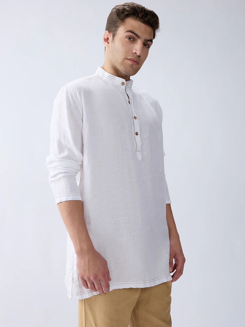 Mriga White | 100% Pure Linen Mid-Length Kurta