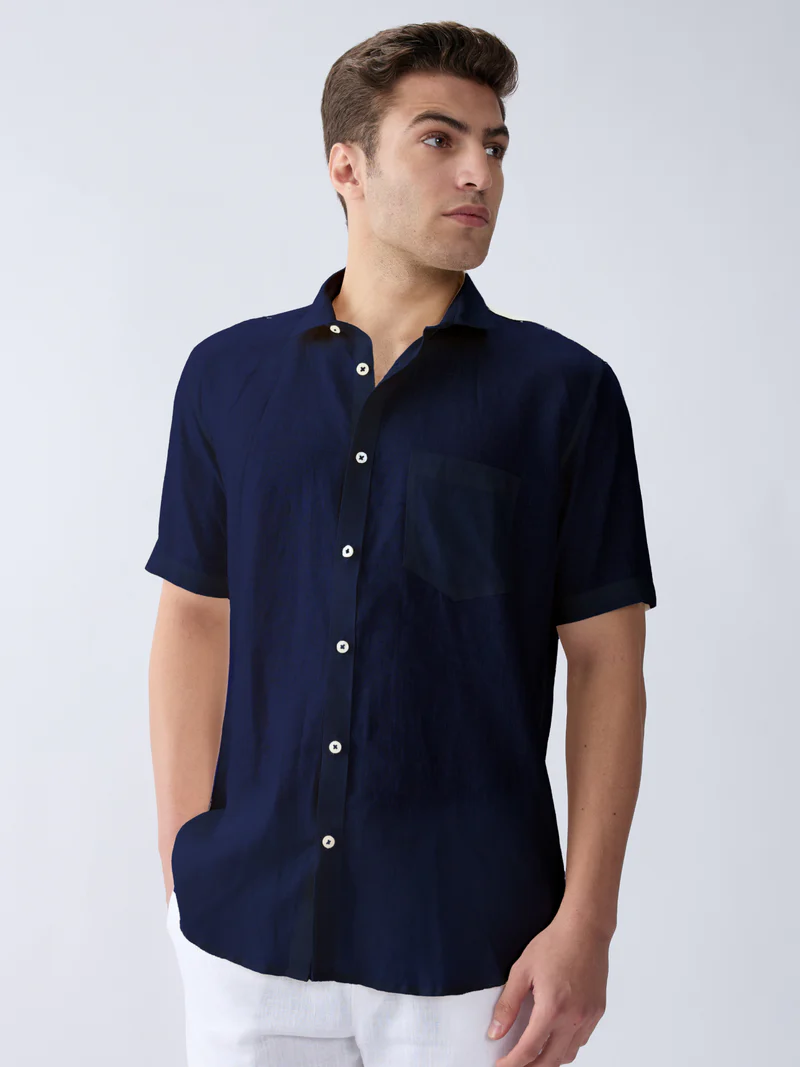 Navy 100% Pure Linen Half Sleeve